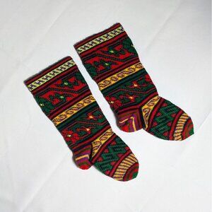 Vintage Wool Christmas Stockings – Bright Red/Green Geometric Pair